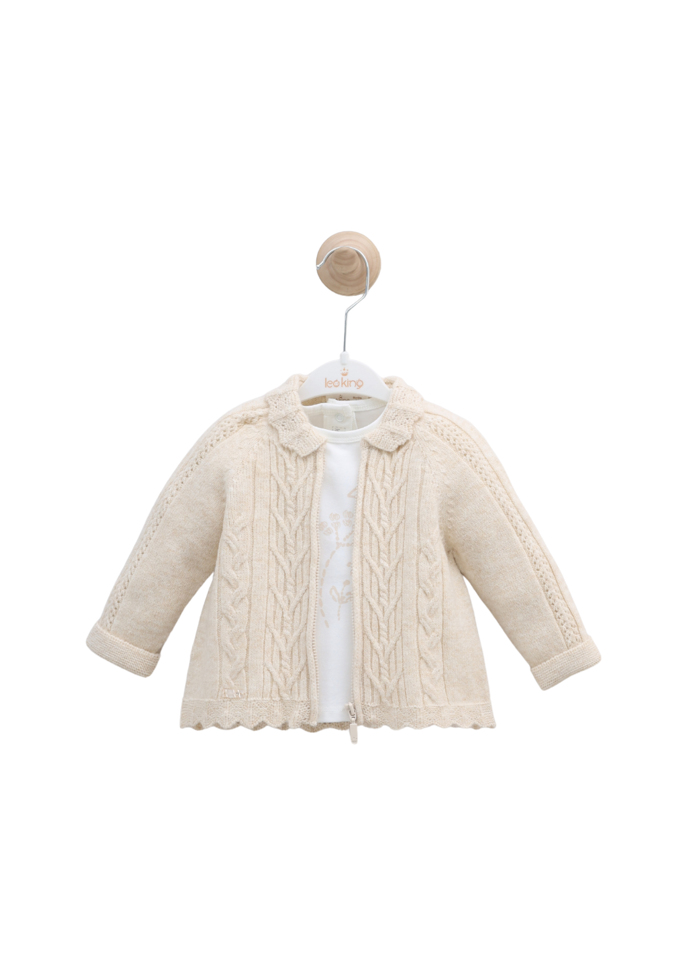 Set 3 Piese Jacheta si Pantaloni Bej cu Lana Merinos si Bluza Bumbac 9591 Leo King