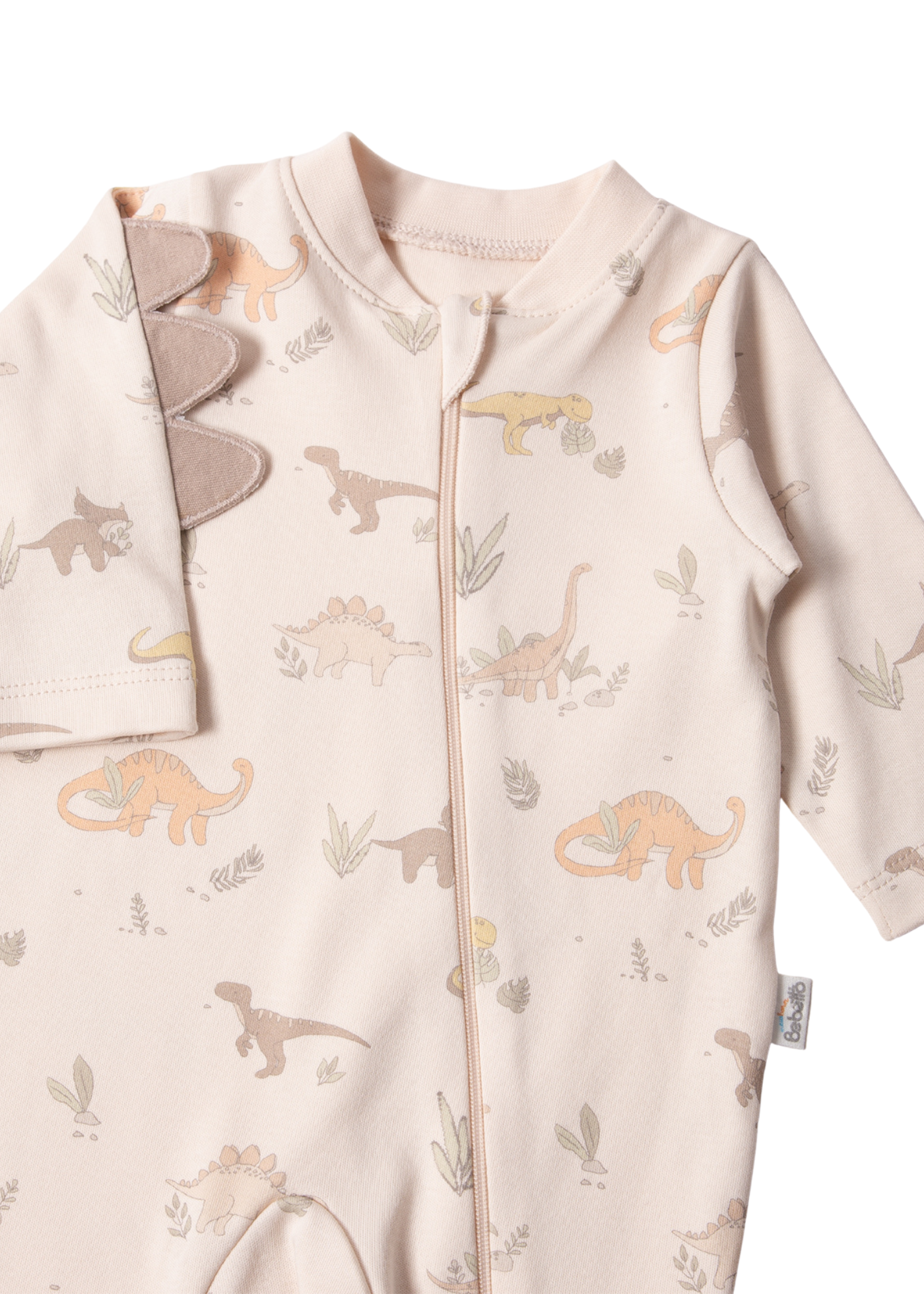Set 3 Piese Bej cu Dinozauri Salopeta Lunga Body cu Maneca Scurta si Fes Z1042 Bebetto