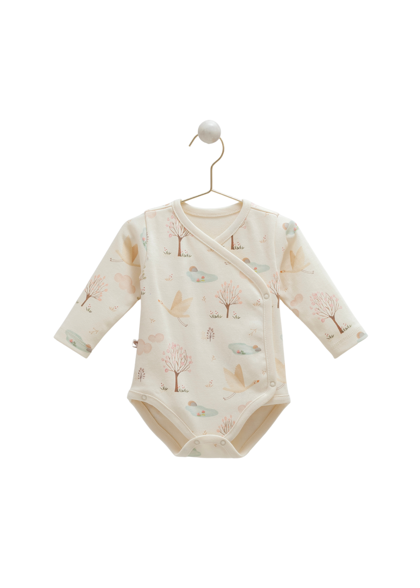 Set 3 Piese Body cu Maneca Lunga si Pantaloni Lungi cu Picior Bej cu Imprimeu si Scutec din Muselina Crem BPB2187 Mell Sweet Bay
