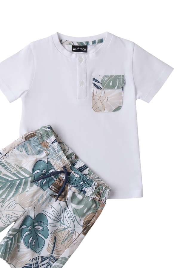 Set 2 Piese Tricou Alb si Pantaloni Scurti cu Imprimeu Tropical 0.B162/00 Sarabanda