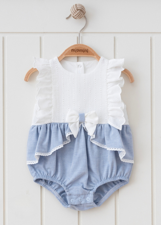 Біло-блакитний бавовняний боді з вишивкою Спарта з оборками 5550 MyMio