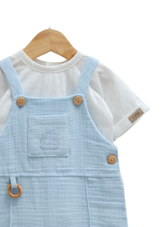 Set 2 Piese Salopta Scurta Bleu din Muselina si Tricou Alb 9768 Mell Sweet Baby