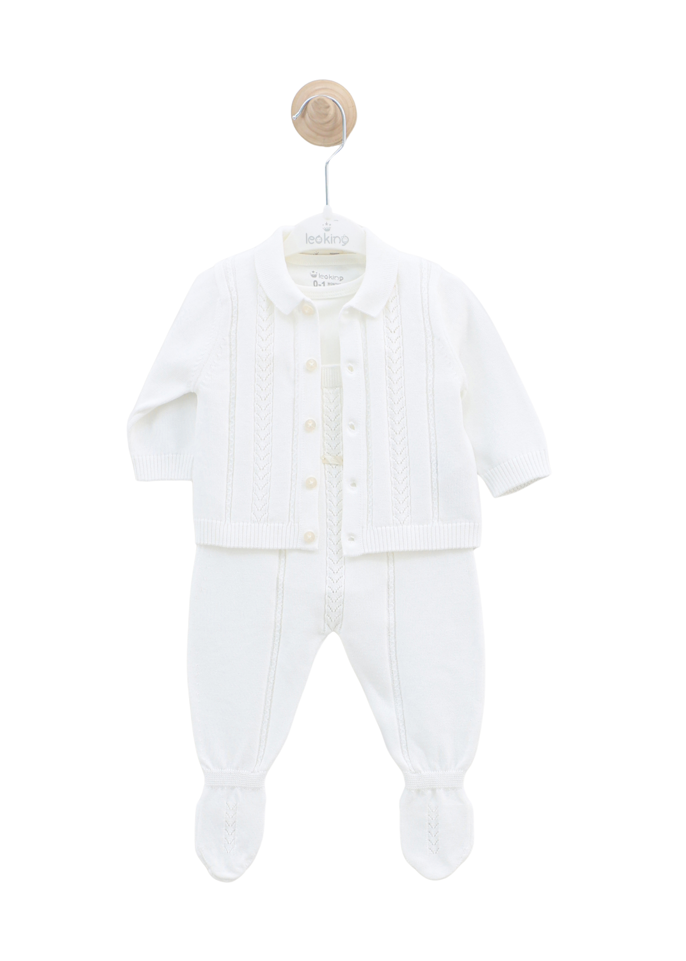 Set 3 Piese Salopeta Lunga Tricotata si Cardigan Alb si Body cu Maneca Lunga Bumbac 7445 Leo King