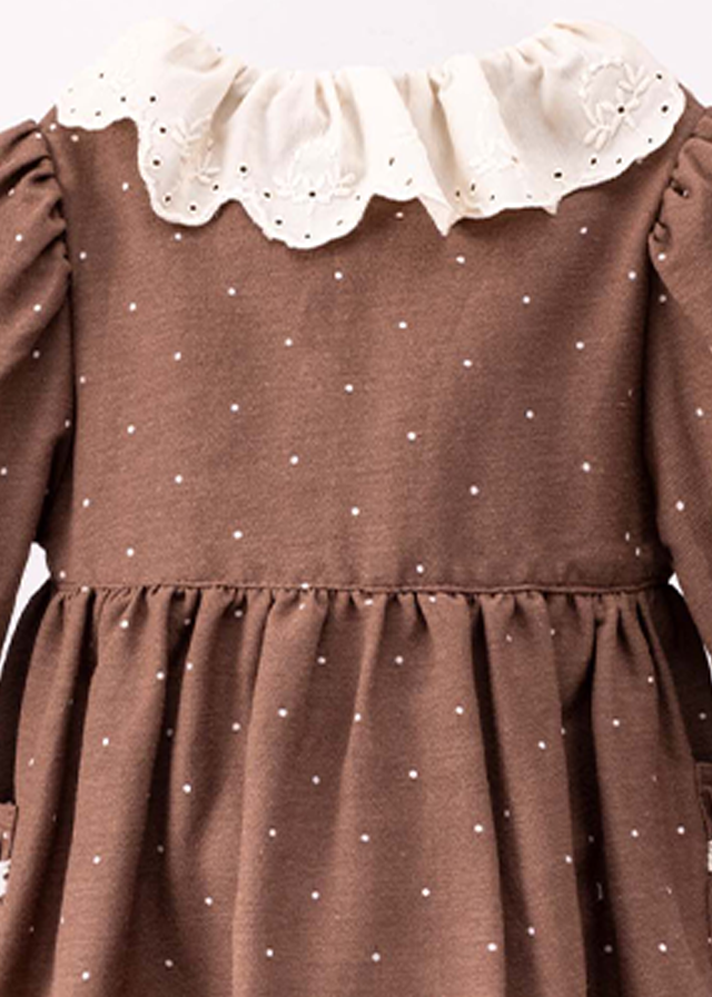 Brown dress with long sleeves with cream peaks and lace collar art MJ089 Mary&amp;Joe