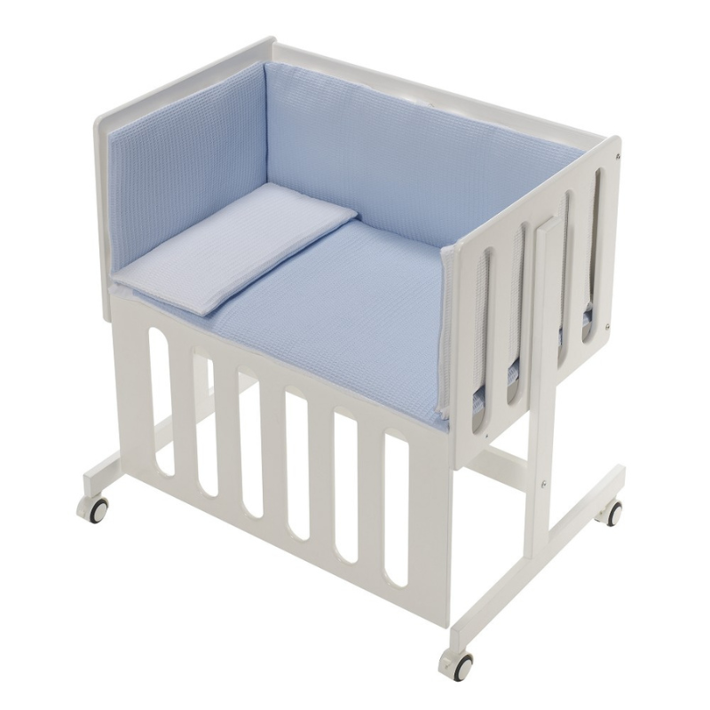 Patut Co-Sleeping Minana Lemn Fag Alb & Set Pilota & Lenjerie Bleu & Saltea DCM014-01