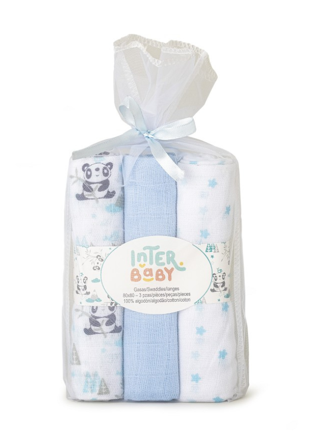 Set 3 Scutece din Muselina Alb-Bleu Imprimeu Panda 80x80 cm 98972-01 Interbaby