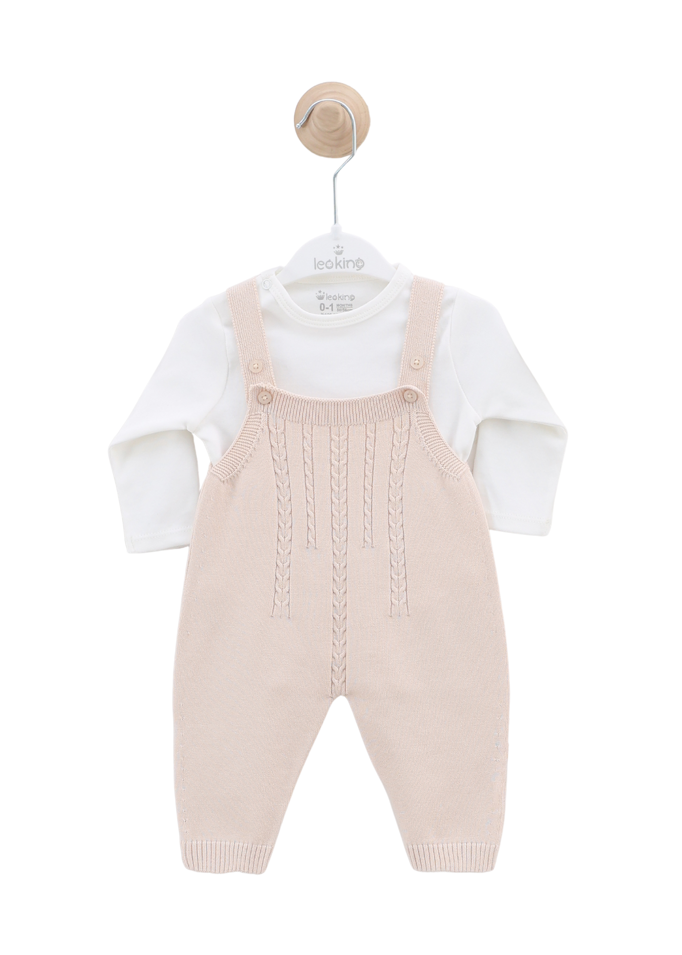 Set 3 Piese Salopeta Lunga Tricotata si Cardigan Bej si Body 7442 Leo King