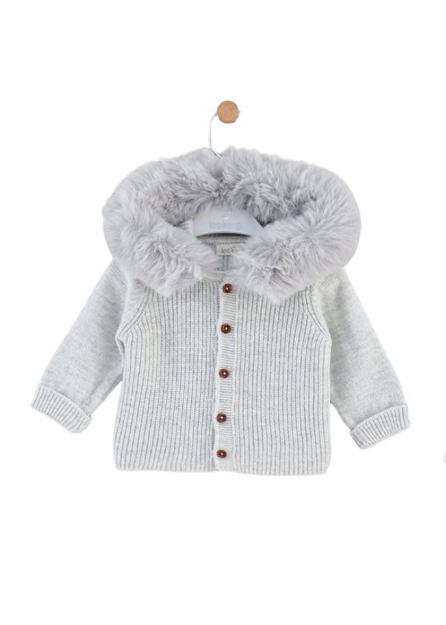 Set 3 Piese Gri din Lana Merinos Cardigan cu Gluga cu Blana si Bluza din Bumbac 9329 Leo King