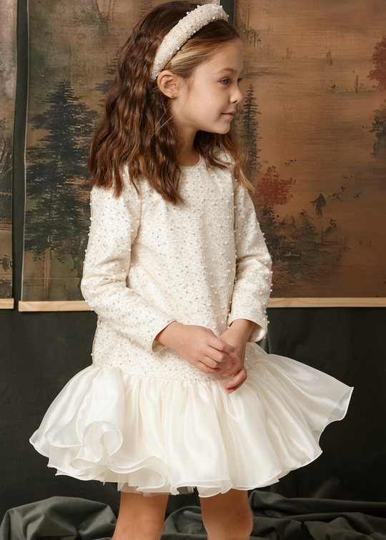 Rochie Eleganta Crem cu Maneca Lunga si Perle 5537 – Abel & Lula