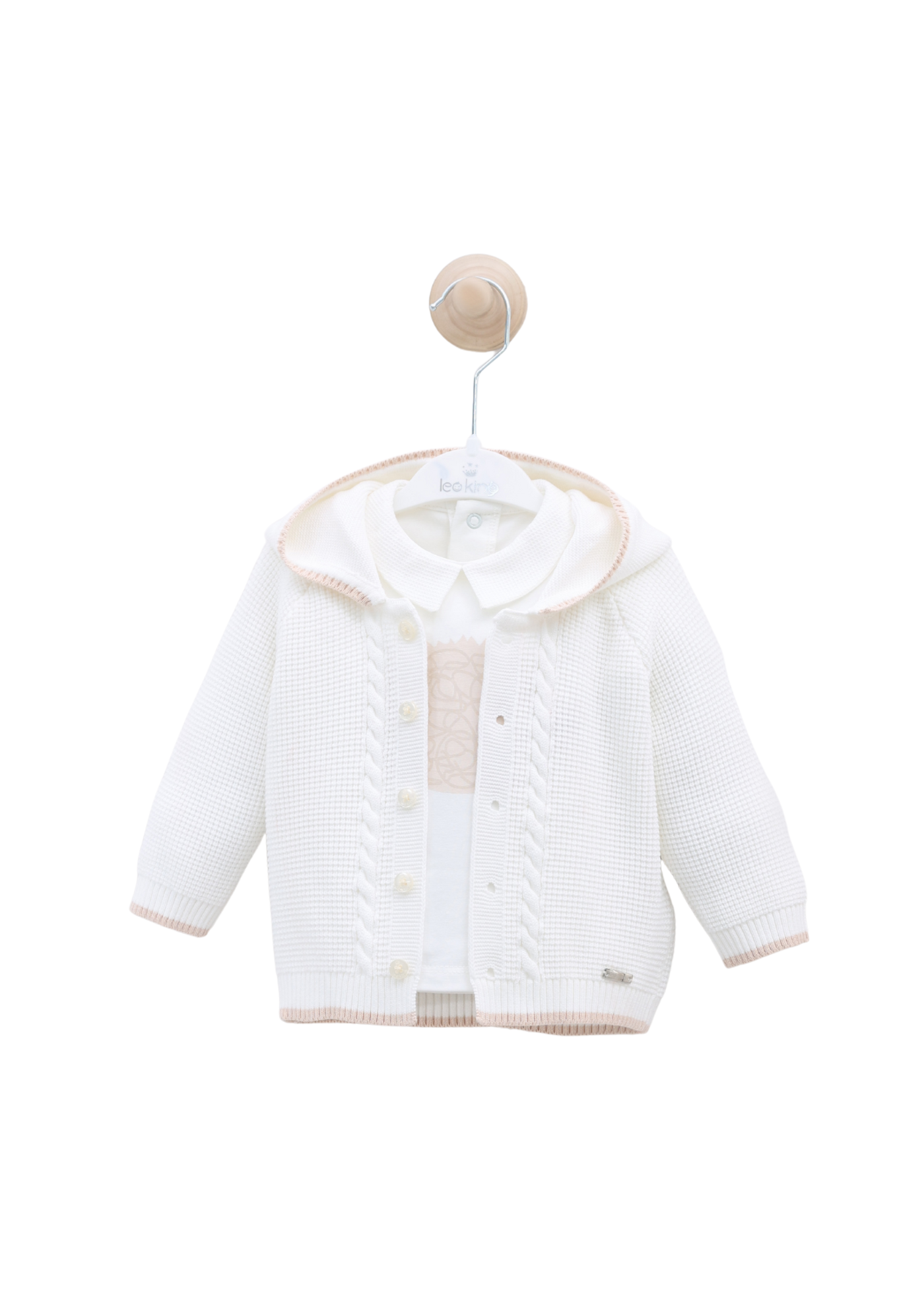 Set 3 Piese Tricotat Alb cu Bej cu Bluza din Bumbac cu Arici 8030 Leo King