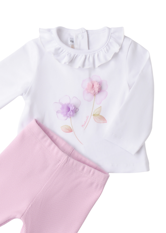 Set 2 Piese Bluza Alba cu Maneca Lunga si Pantaloni Lungi Roz 3.B746/00 Minibanda