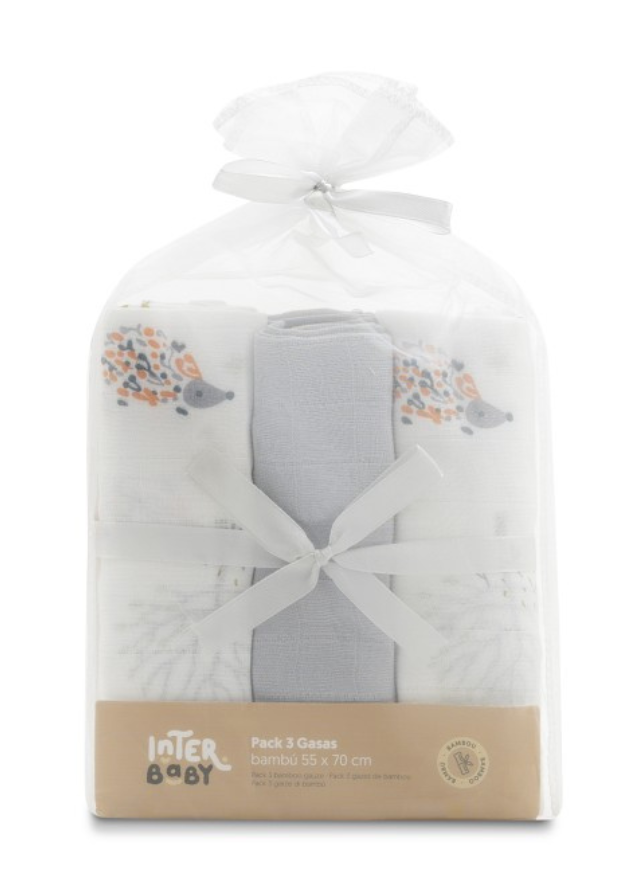 Set 3 Scutece Muselinadin Bambus Alb-Gri cu Imprimeu Copaci 55x70 cm 98975-31 Interbaby