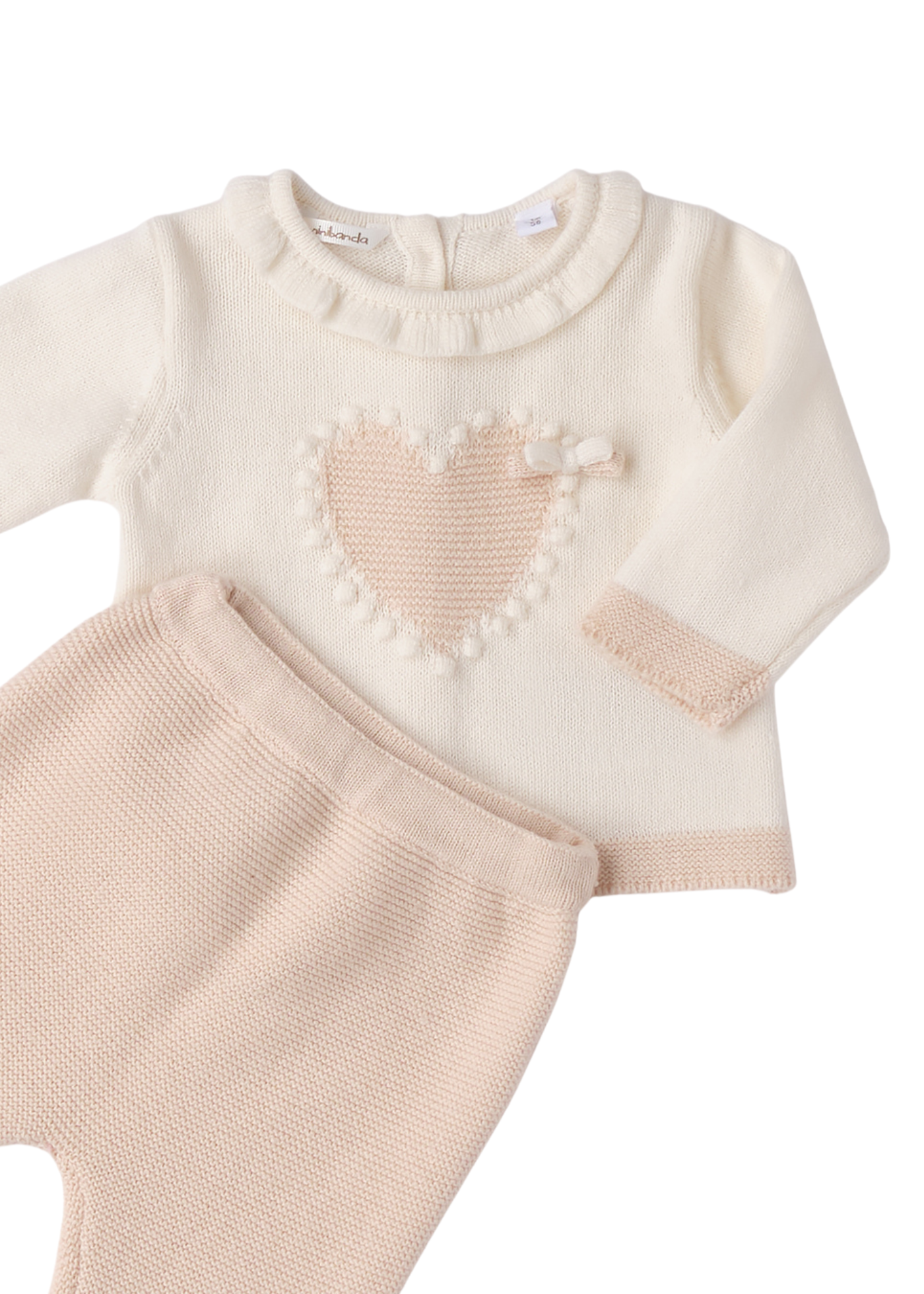 Set 2 Piese Tricotat Bluza Crem cu Inima si Pantaloni Lungi Bej 3.F761/00 Minibanda