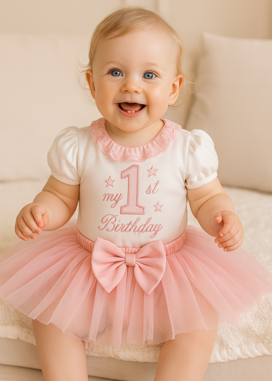 Set Aniversar 1 An Turta Mot Fetita Bumbac Body & Fustita Roz AnneBebe