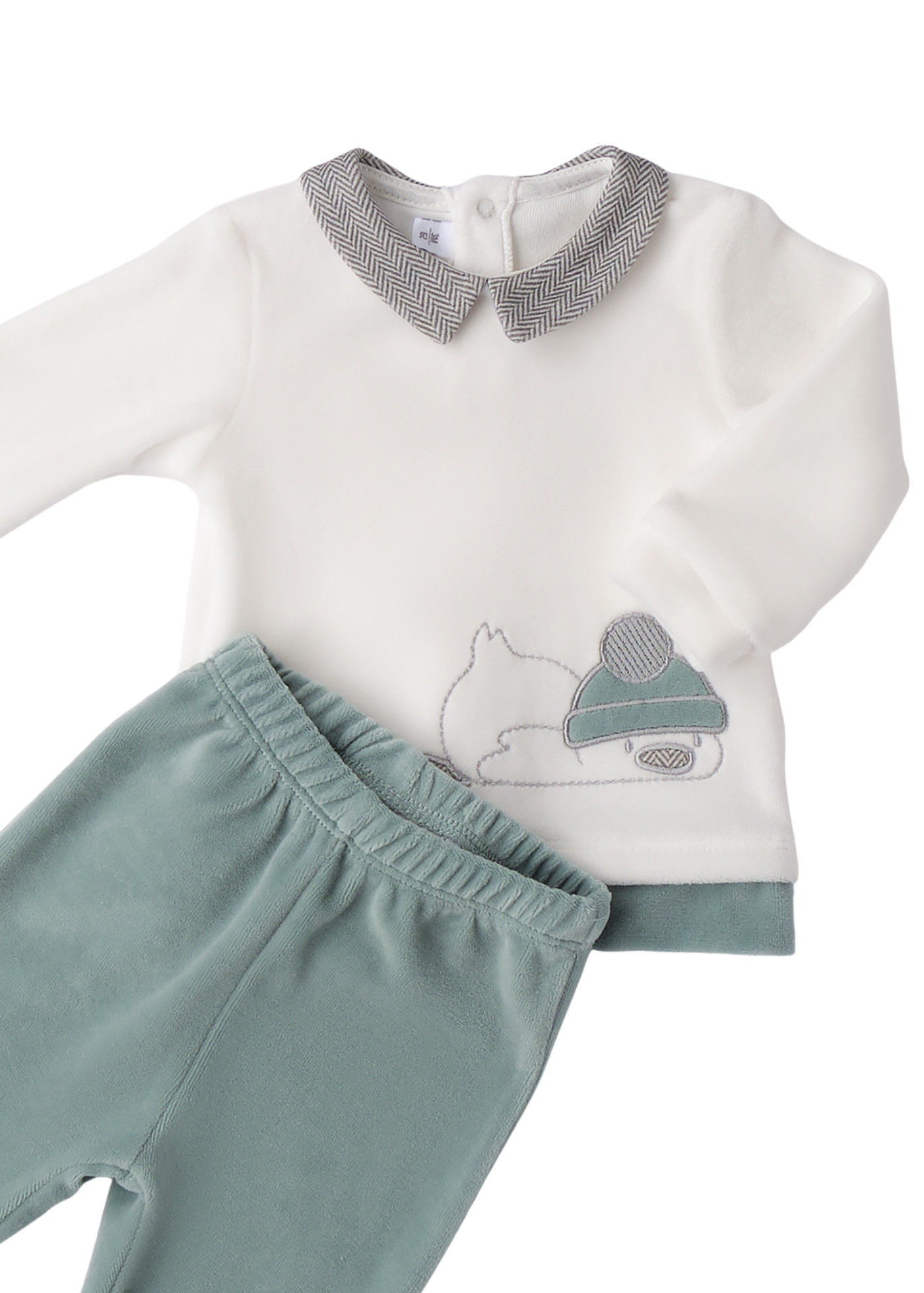 Set 2 Piese Velur Bluza si Pantaloni Crem cu Verde cu Pinguin 3.F639/00 Minibanda