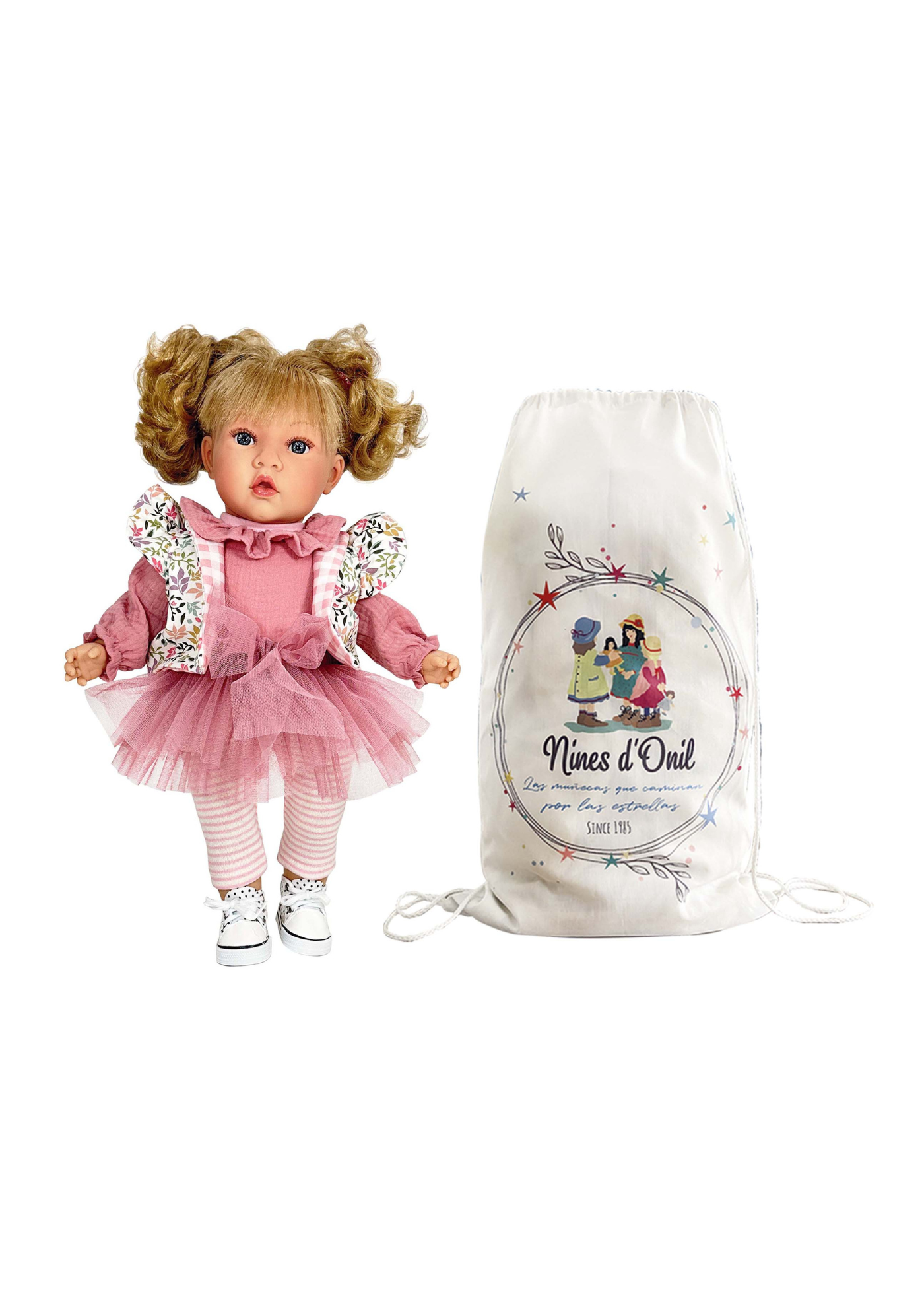 Papusa Parfumata Susette Blonda cu Mecanism, Fustita Tull Roz Pudra si Bluzita din Muselina  - 45 cm – 6533 – Nines