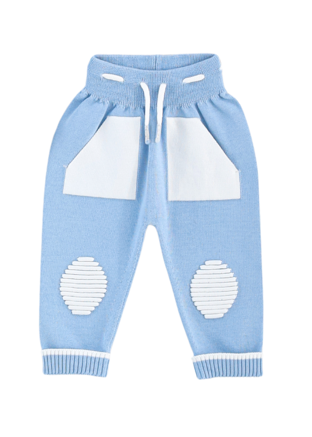 Set 3 Piese Hanorac si Pantaloni Tricotati Bleu Bluza din Bumbac Alba cu Urs 8511 Leo King