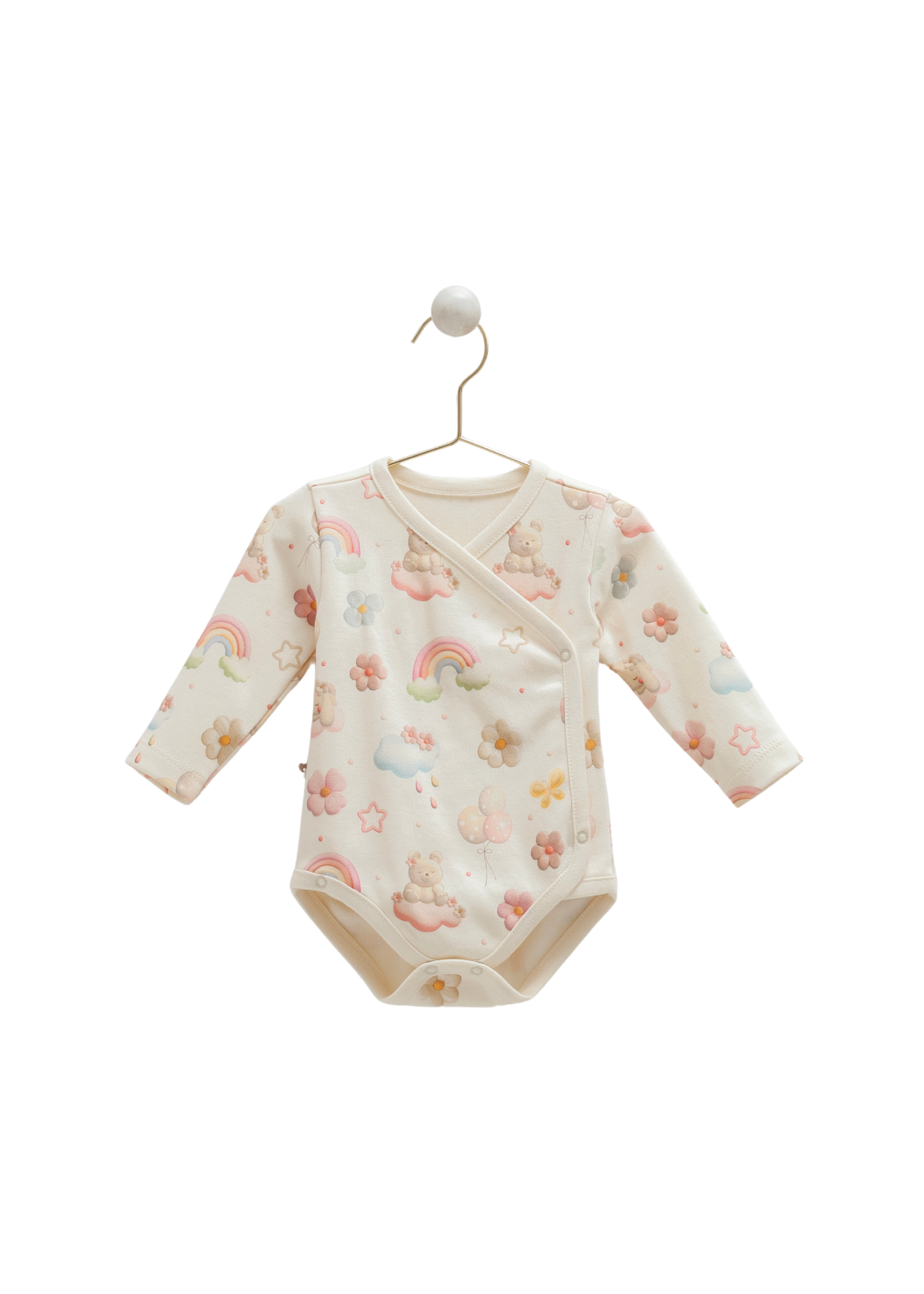 Set 3 Piese Body cu Maneca Lunga si Pantaloni Lungi cu Picior Bej cu Imprimeu si Scutec din Muselina Crem BPB2186 Mell Sweet Bay