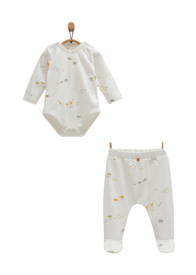 Set Body cu Maneca Lunga si Pantaloni Crem cu Animale Safari Time BPE1821 Mell Sweet Baby