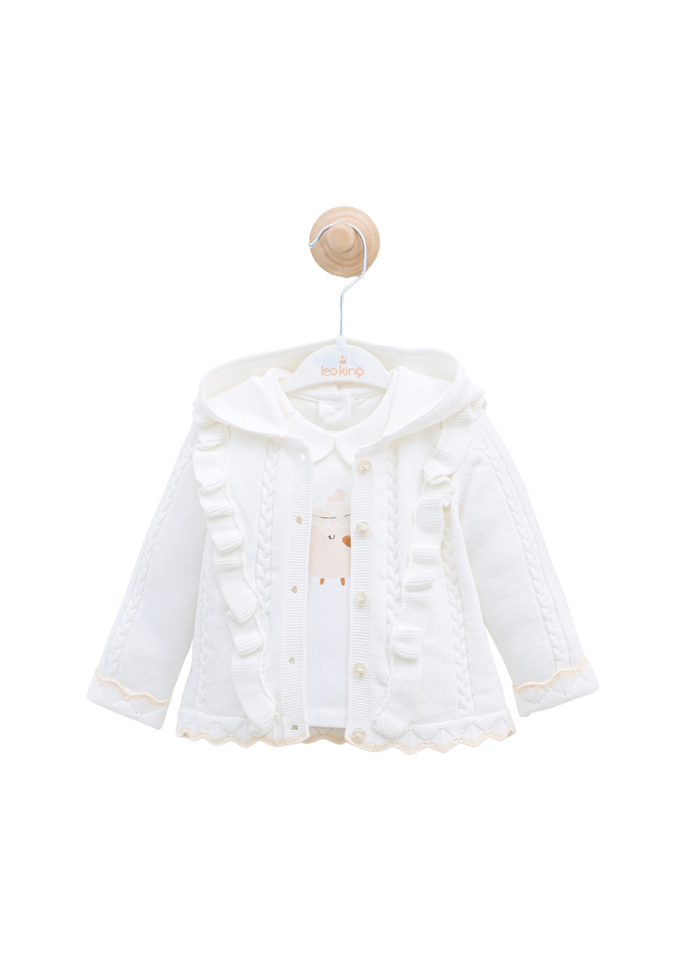 Set 3 Piese Alb Bluza si Pantaloni Tricot si Bluza Bumbac cu Pui 8456 Leo King