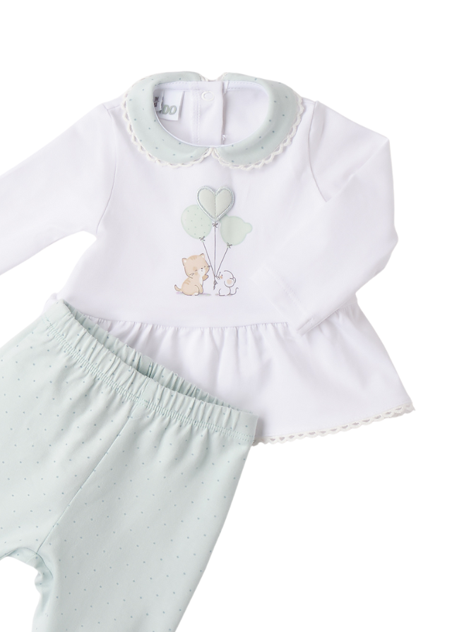 Set 2 Piese Pijamale Bluza Alba cu Pisica si Pantaloni Lungi Verzi cu Picouri 4.B078/00 iDO