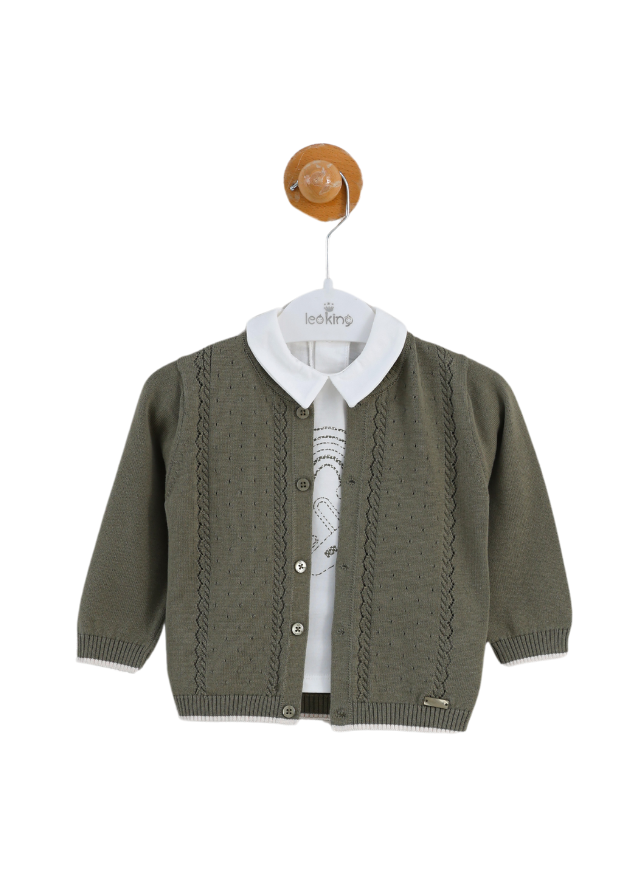 Set 3 Piese Cardigan si Pantaloni Tricotate Verde si Bluza Crem cu Guler 8529 Leo King