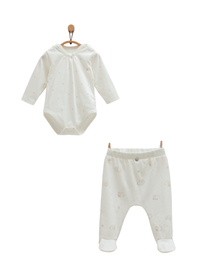 Set Body cu Maneca Lunga si Pantaloni Crem cu Oite Mini Lamb BPK1824 Mell Sweet Baby