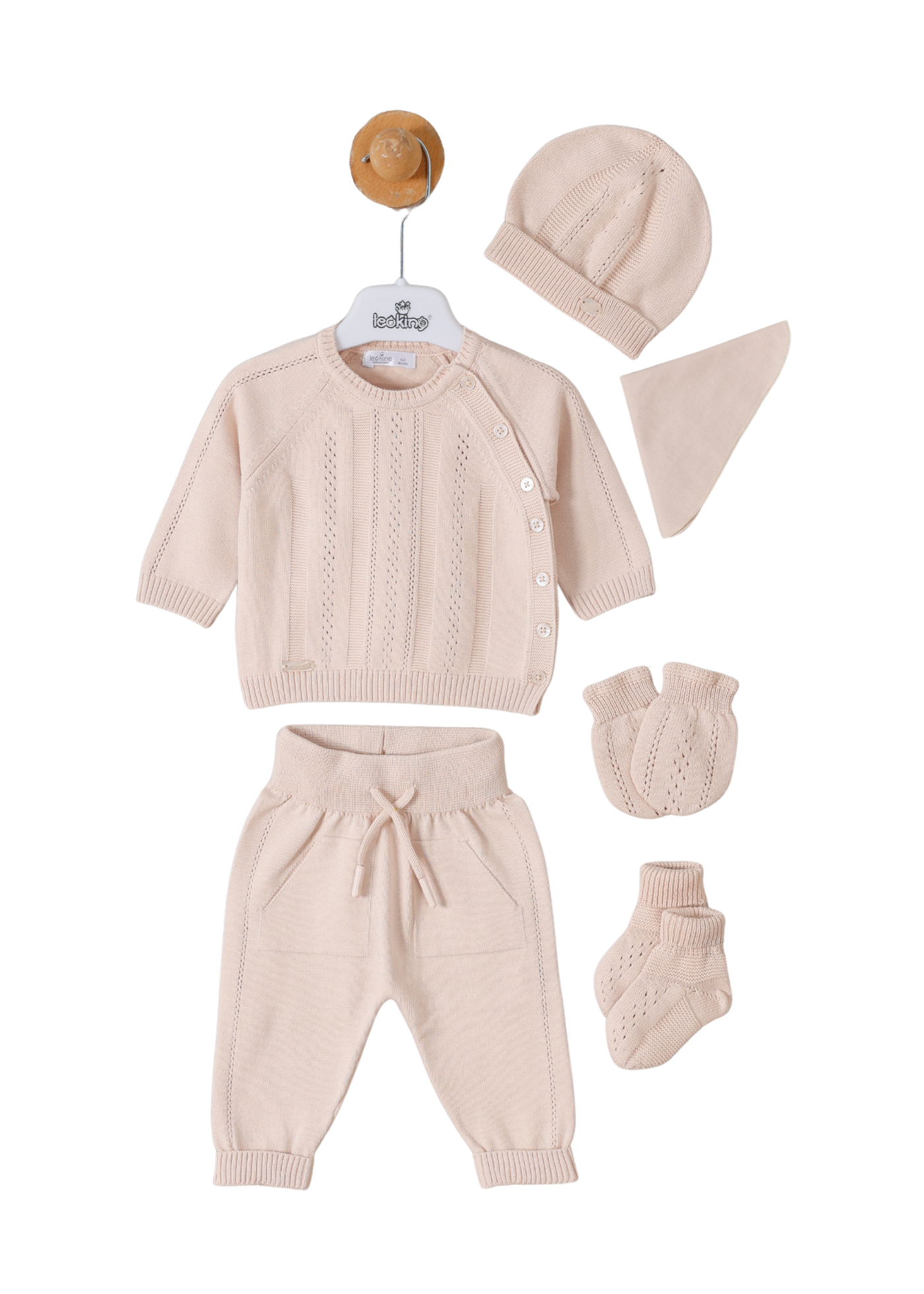 Set 9 Piese Maternitate Tricotat Bumbac Bej Bluza si Pantaloni 3113 Leo King