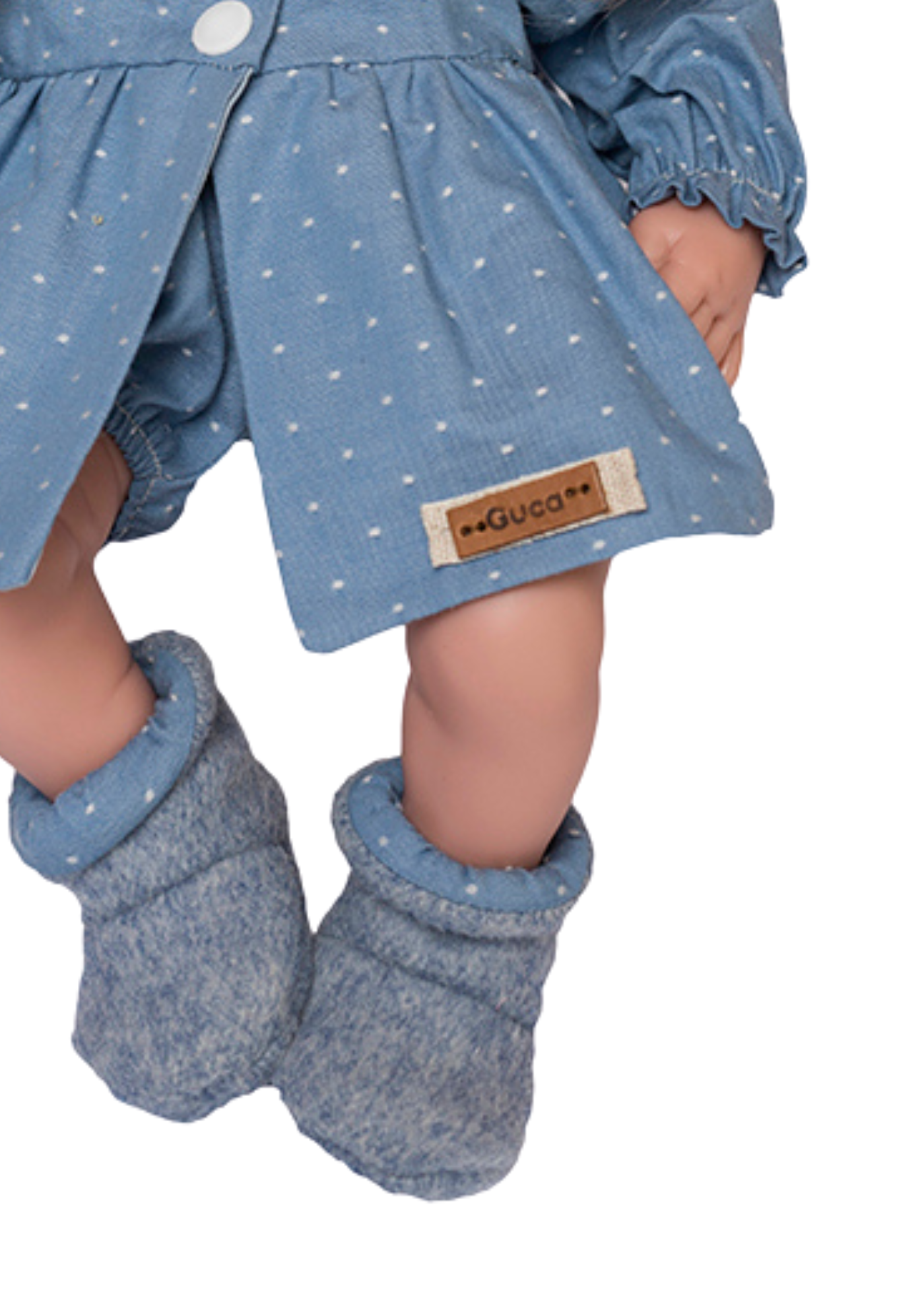 Papusa Ana, 38 cm, Par Blond, cu Mecanism, Pardesiu Albastru cu Buline Albe si Caciula si Fular Galben 910 Guca