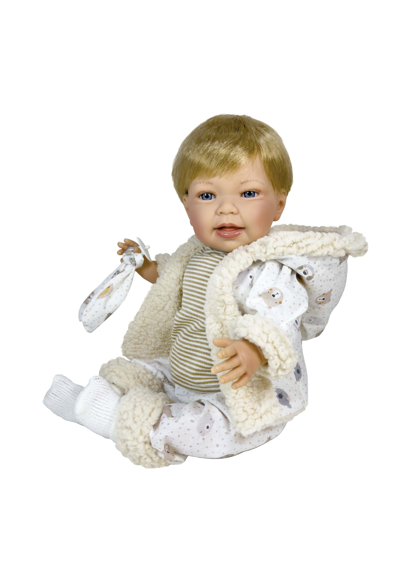 Papusa Parfumata Susi Blonda cu Mecanism, Pantaloni si Jacheta Alba Imprimeu Animale – 45 cm – 6703 – Nines