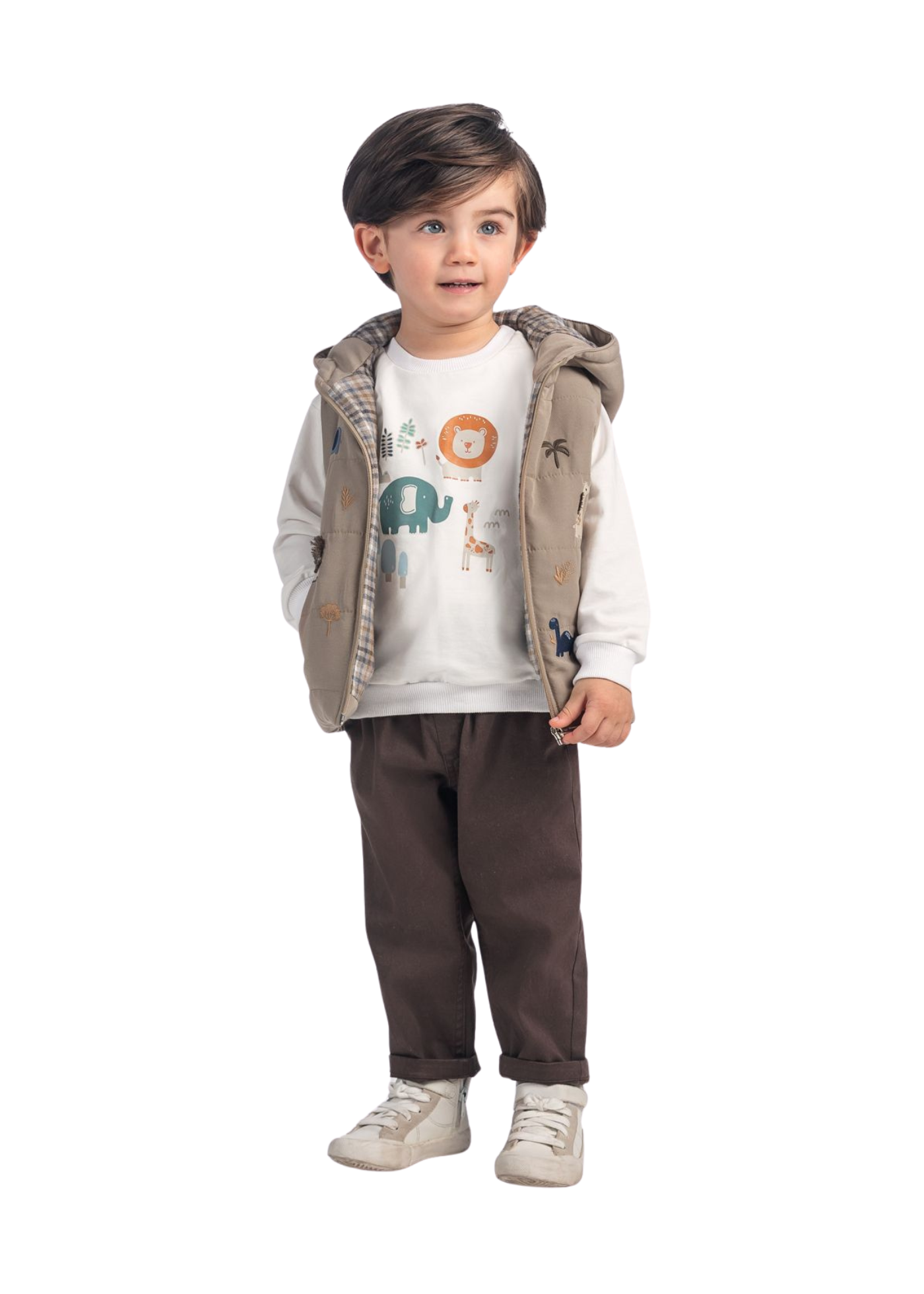Set 3 piese Vesta Matlasata Bej Bluza Crem Maneca Lunga cu Animale si Pantaloni Lungi Maro 16261 Bebus