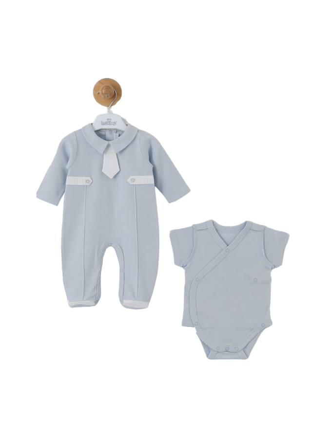 Set 10 Piese Maternitate Salopeta Bumbac Alb cu Bleu cu Cravata 3503 Leo King