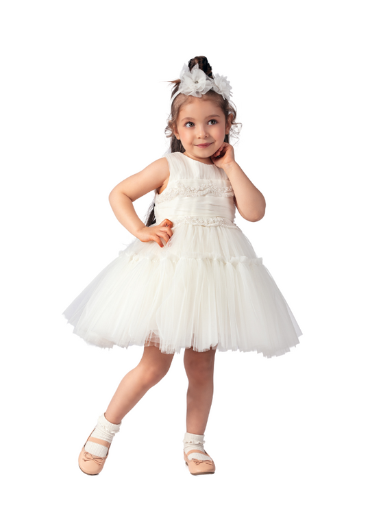 Ivory Tulle Ceremony Dress with Beads on Bust and Waist 6005 Lugu