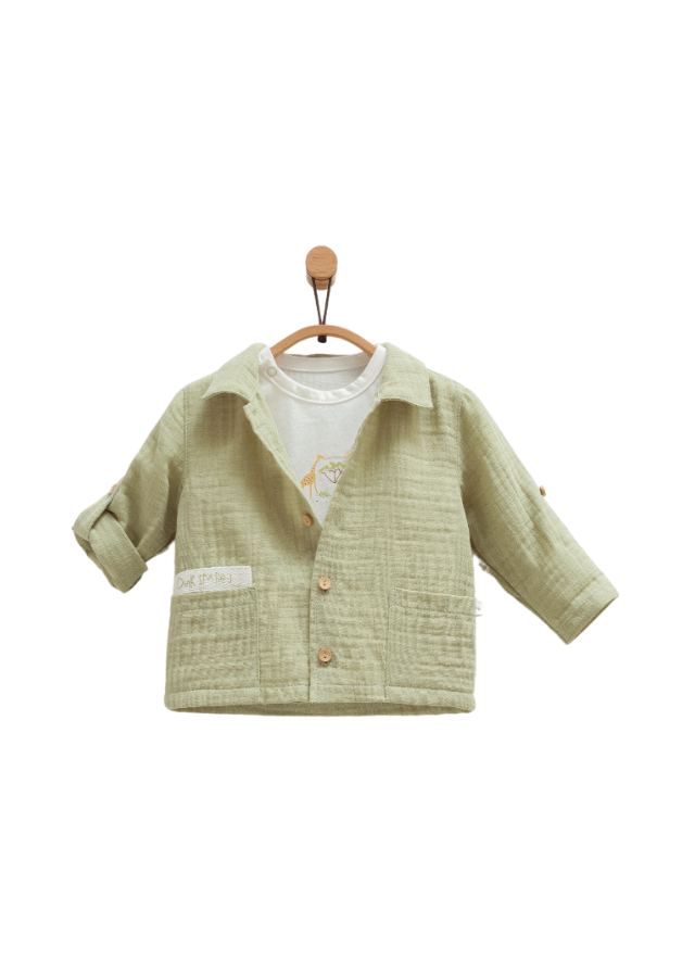 Set 3 Piese Camasa si Pantaloni din Muselina Verde cu Crem si Tricou Safari Time TKE1379 Mell Sweet Baby