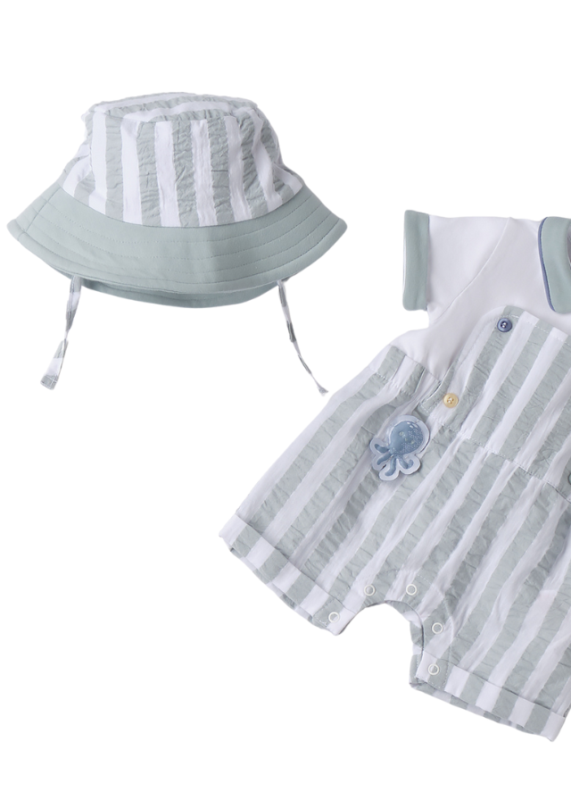 Set Salopeta Scurta cu Dungi Verzi si Palarie 3.B685/00 Minibanda