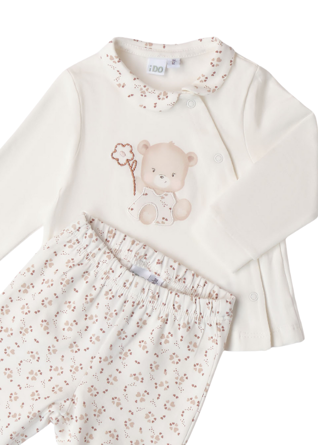 AnneBebe - Set 2 Piese Pijama Crem, Bluza cu Urs si Pantaloni cu Imprimeu Flori Bej 8124 iDO