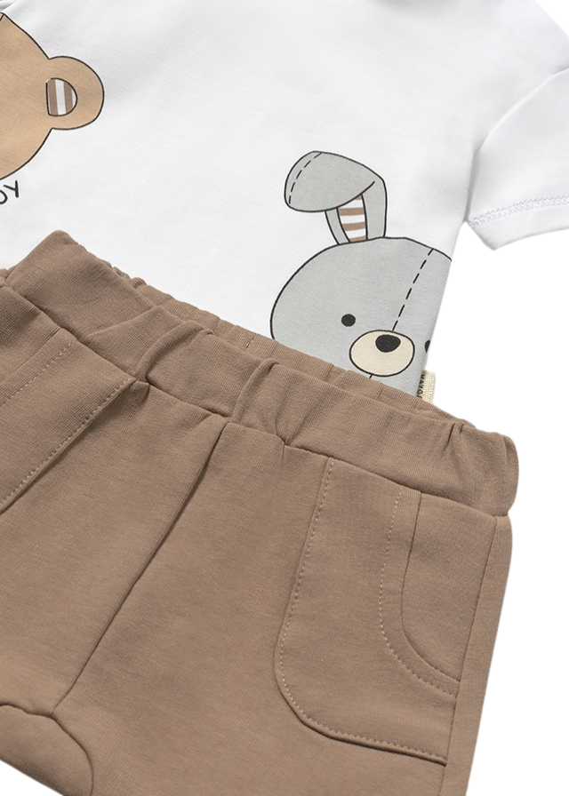 Set 2 Piese Tricou Alb cu Imprimeu Urs si Iepure si Pantaloni Scurti Maro 1206 Mayoral