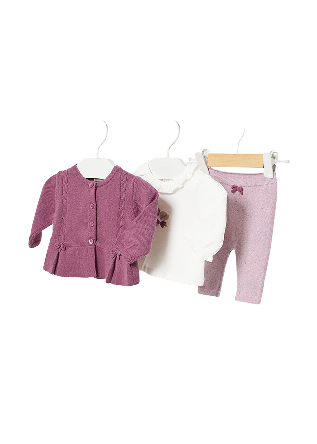 AnneBebe - Set 3 Piese pentru fetite, Cardigan tricotat, Bluza Bumbac si Pantaloni Tricotati 2742 Mayoral