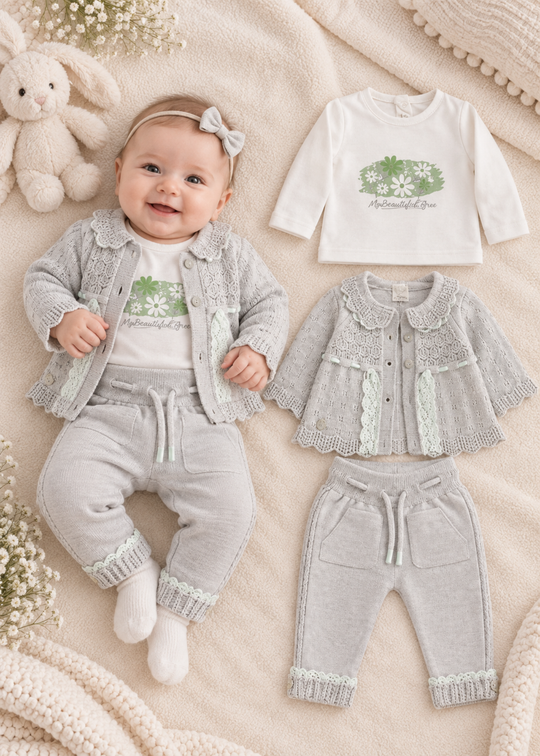 Set Tricotat Verde din Bumbac cu Cardigan, Bluza si Pantaloni pentru Fete 8046 – Leo King
