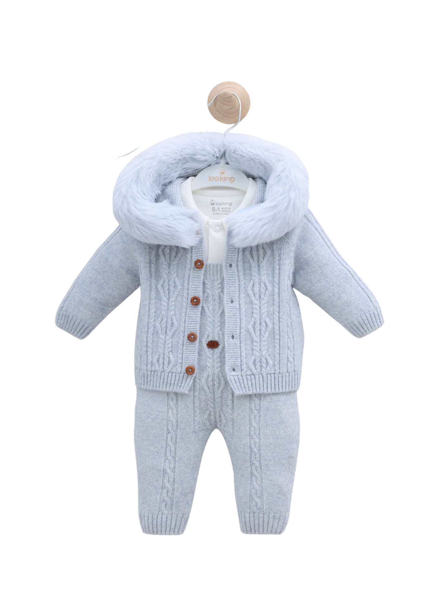 Set 3 Piese Bleu Salopeta Lunga si Jacheta cu Lana Merinos cu Blana la Gluga si Salopeta Bumbac 9348 Leo King