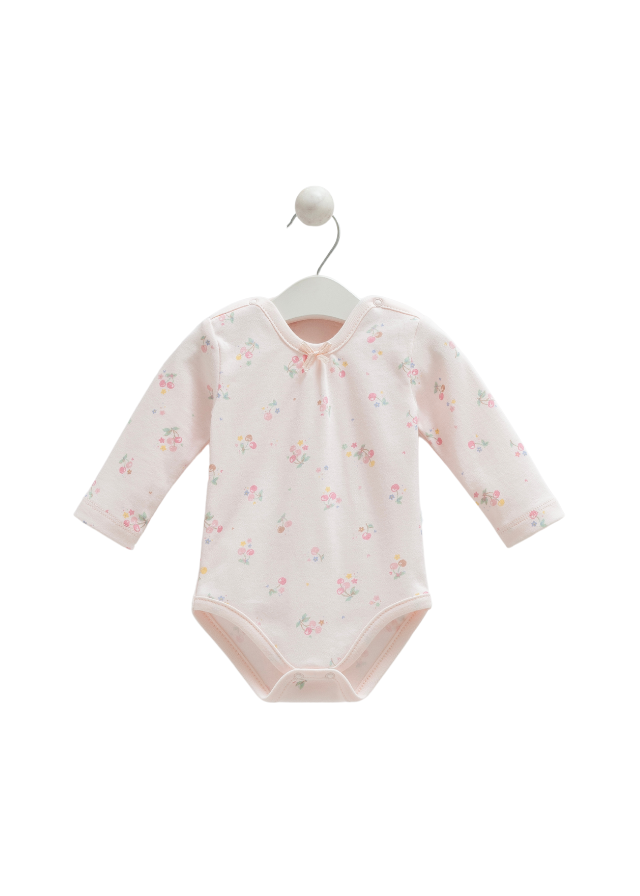 Set Body cu Maneca Lunga si Pantaloni Roz cu Cirese Cherry Baby BPK1216 Mell Sweet Baby