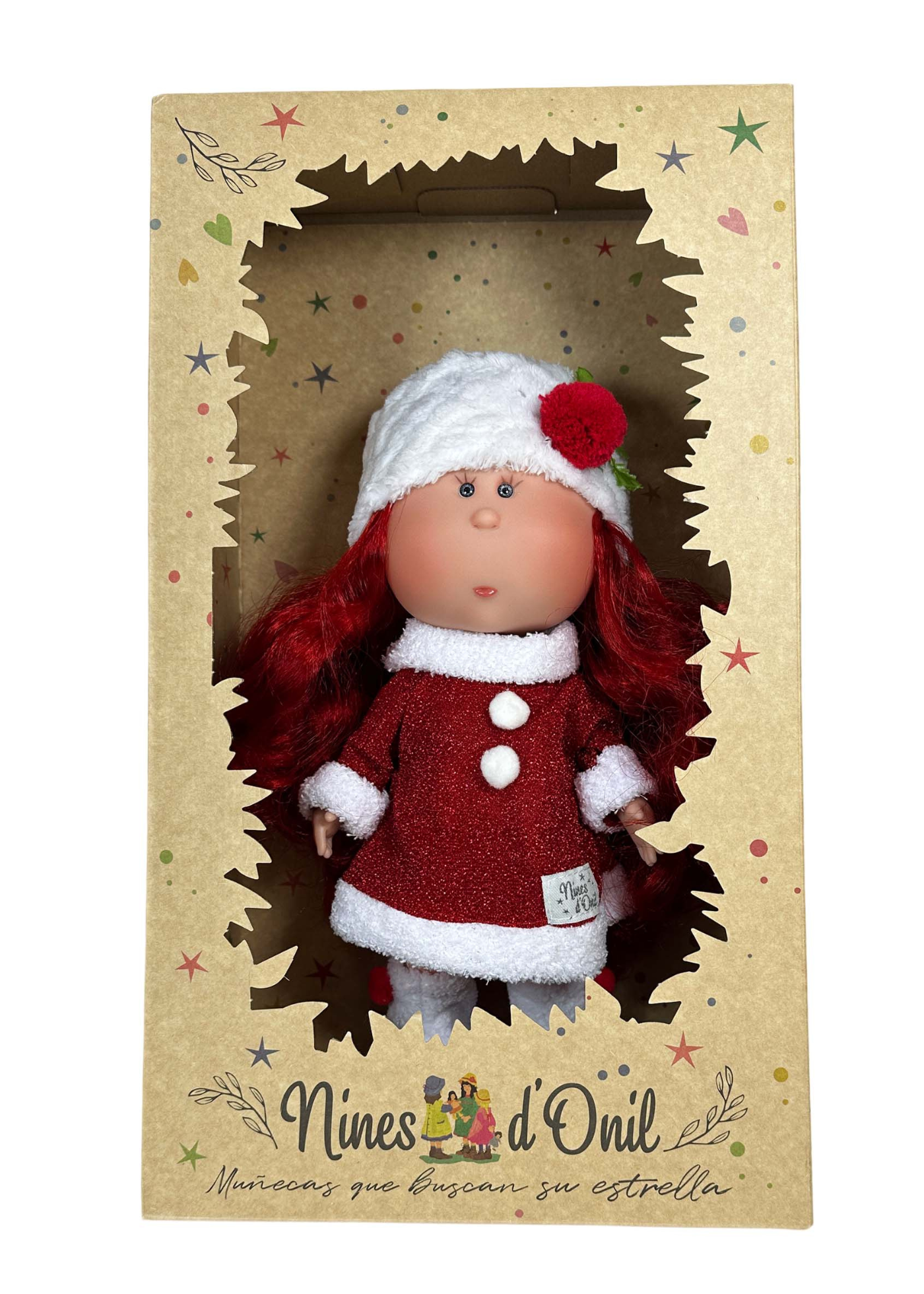 Papusa parfumata Mia, Par Rosu, Corp Vinil, Rochita Rosie cu Sclipici si Caciula cu Cizmulite din Blanita Alba – 30 cm – 3442 – Nines