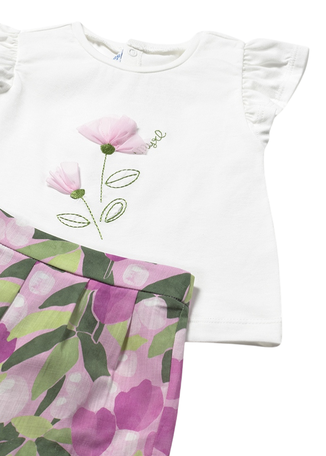 Set 2 Piese Tricou Crem si Pantaloni Scurti Imprimeu Lalele Mov 1237 Mayoral