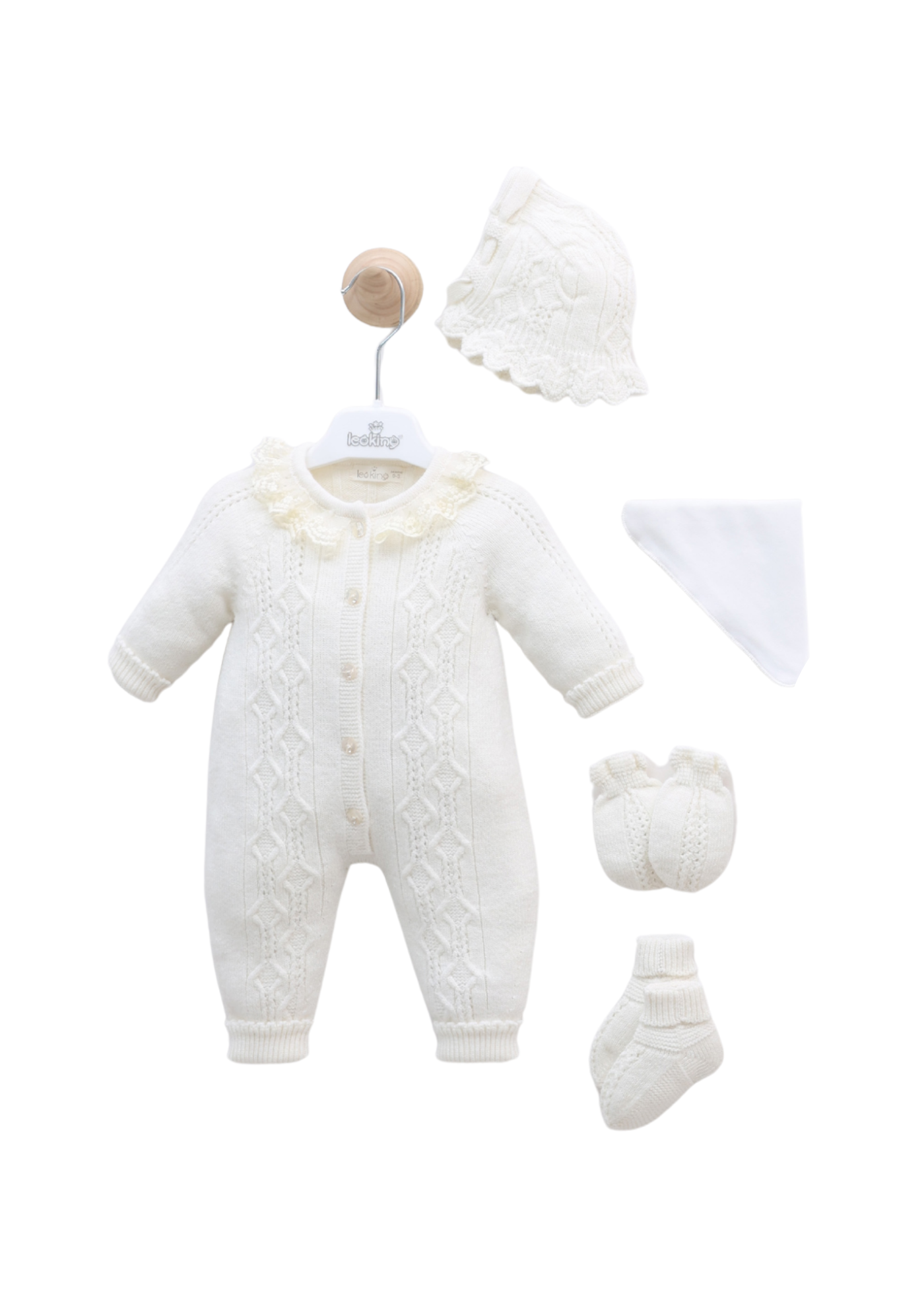 Set Maternitate Alb 9 Piese cu Lana Merinos 3448 Leo King