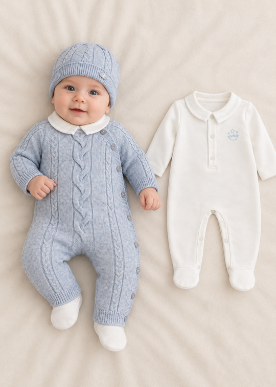 Set 3 Piese Tricotat Bleu cu Lana Merinos pentru Baieti 9353 – Leo King
