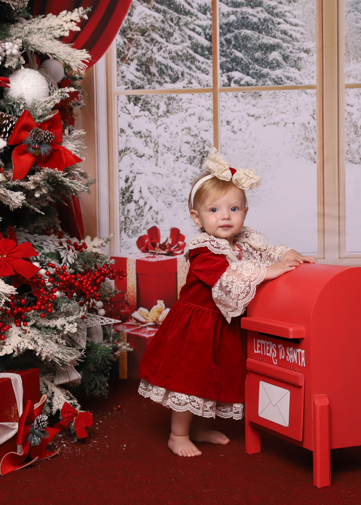Red Velvet Dress with Ruffles and White Lace at the Neck and Sleeves AnneBebe