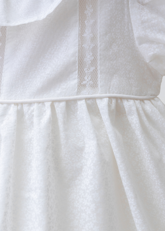 Rochie cu Maneca Scurta Alba cu Imprimeu Flori Mici Ivory si Volan la Guler 4297 MyMio