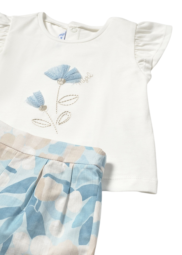 Set 2 Piese Tricou Crem si Pantaloni Scurti Imprimeu Lalele Bleu 1237 Mayoral