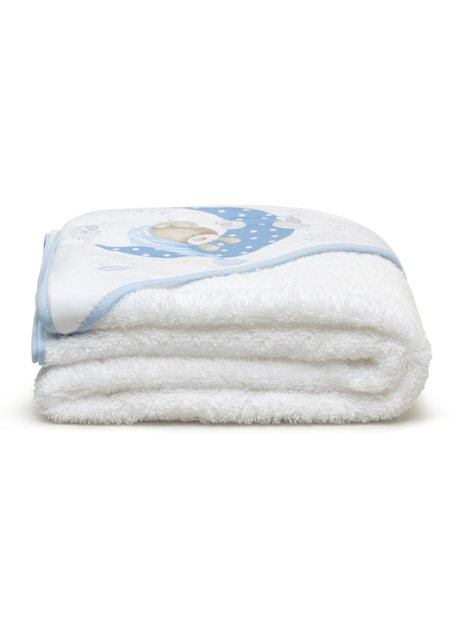 Prosop cu Capison 100x100 cm si Bavetica Alb-Bleu cu Ursulet pe Semiluna 01225-11 Interbaby