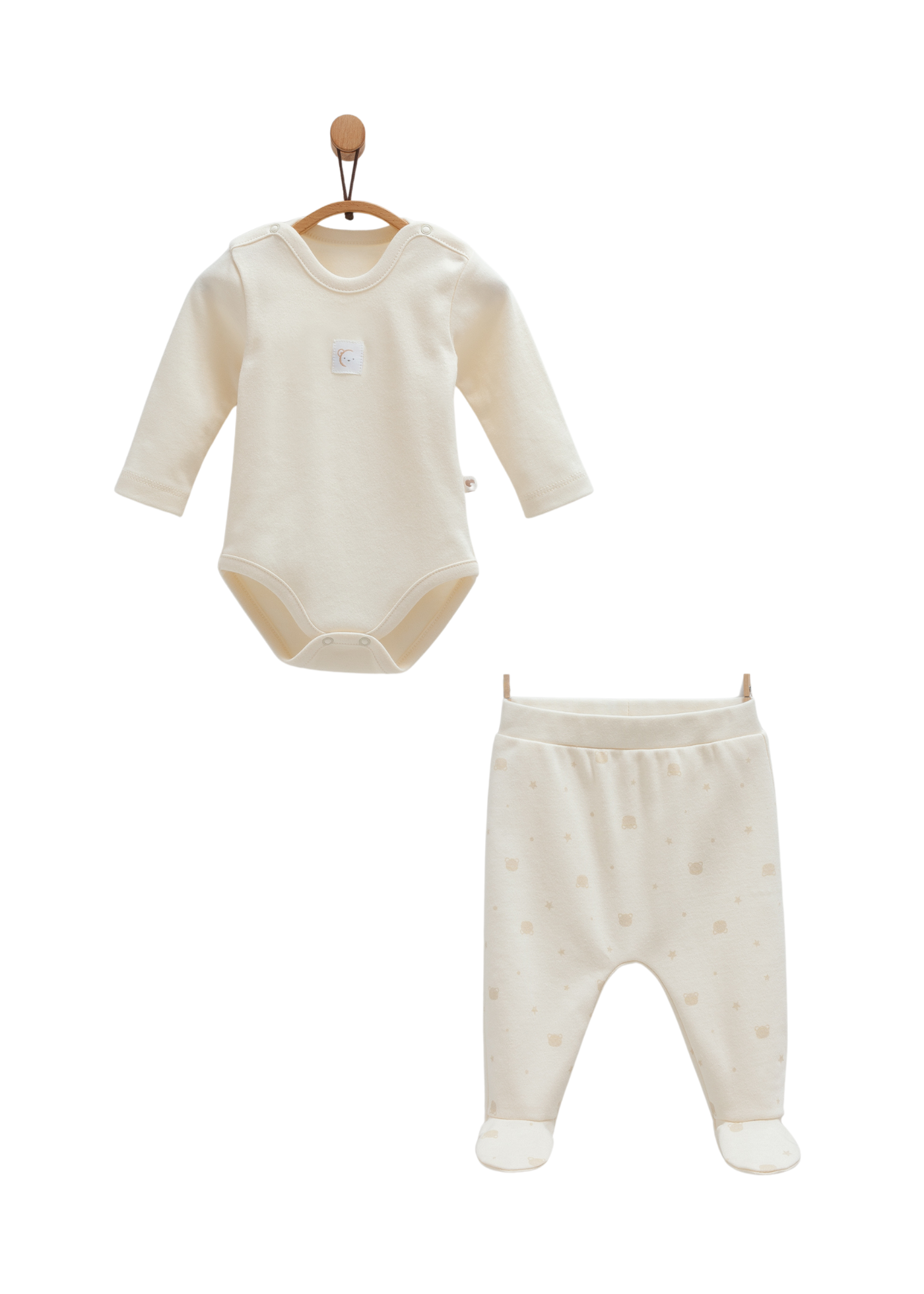 Set Cadou 4 Piese Nou Nascut 2 Body cu Maneca Lunga si 2 Pantaloni Lungi Bej cu Urs BPE1467 Mell Sweet Baby